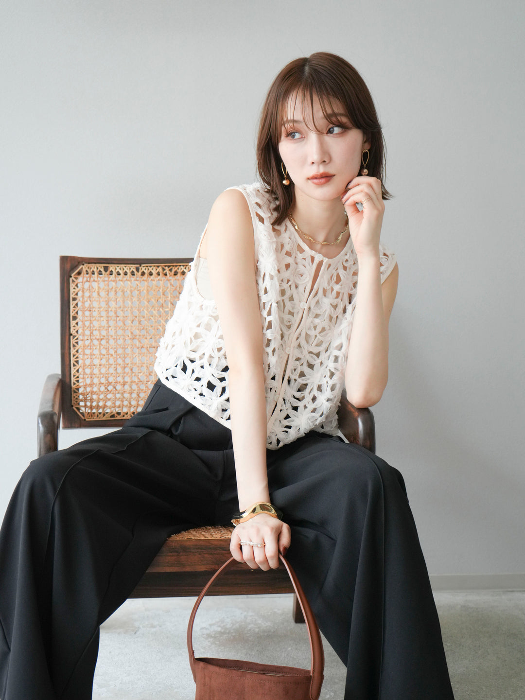 [SET]2WAYフラワーレーストップス+ジップタックワイドパンツ(2set)