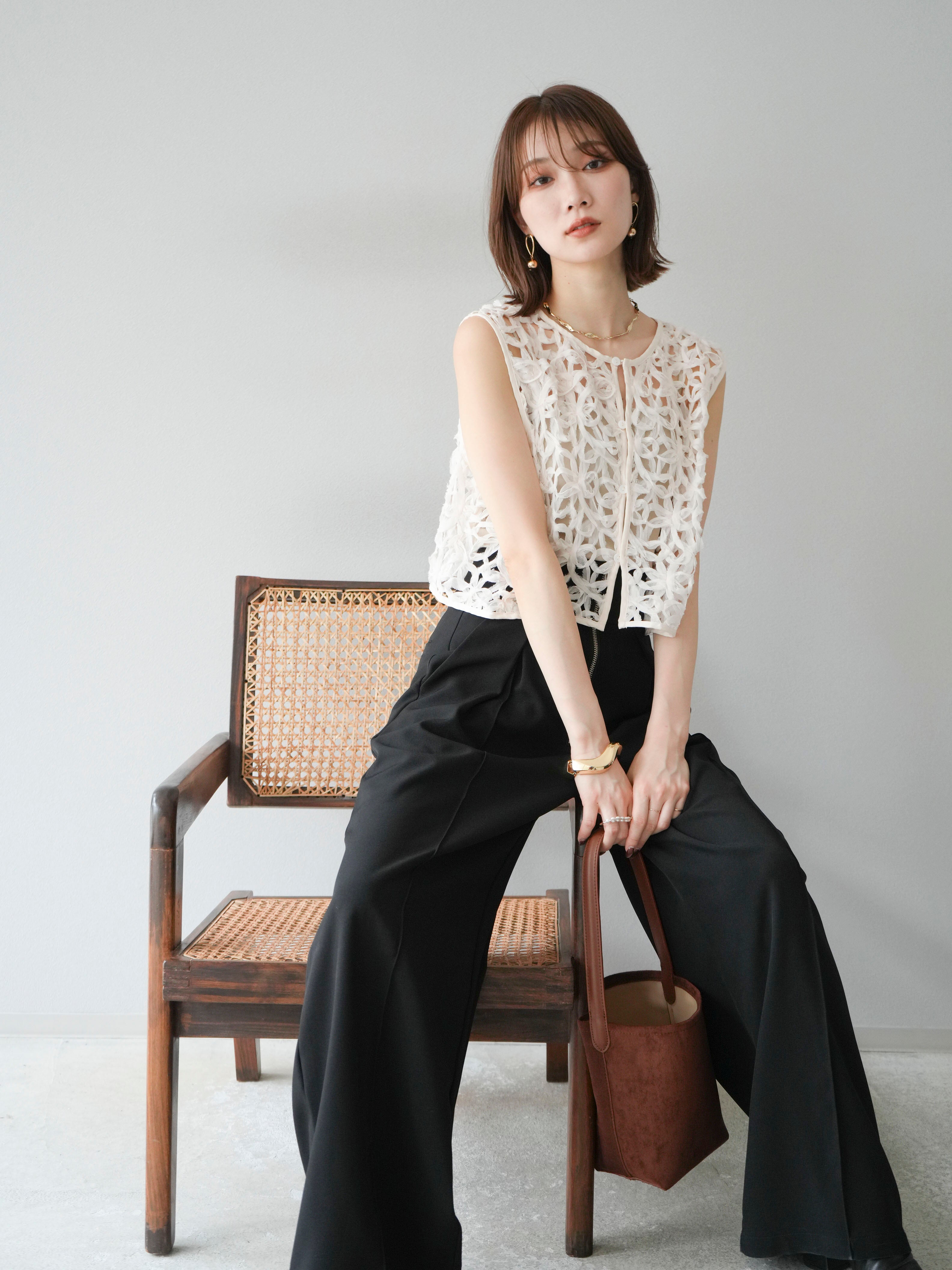 SET]2WAYフラワーレーストップス+ジップタックワイドパンツ(2set