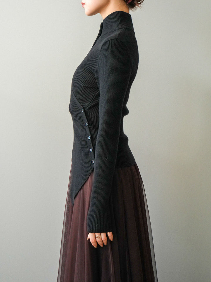 [予約]クロスデザインボトルネックリブニットトップス/black