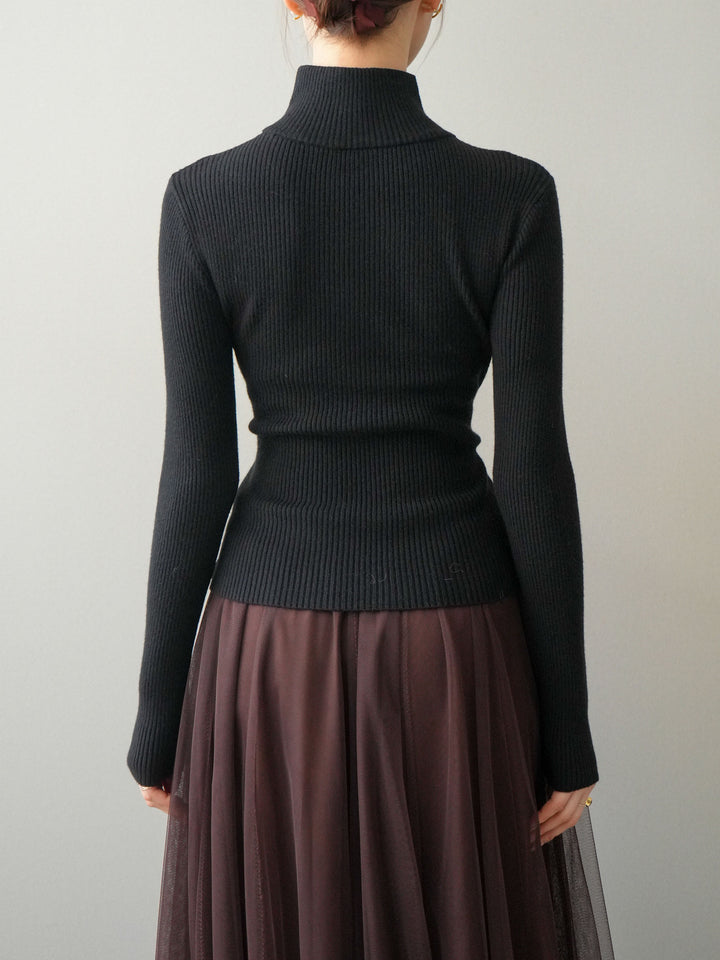 [予約]クロスデザインボトルネックリブニットトップス/black