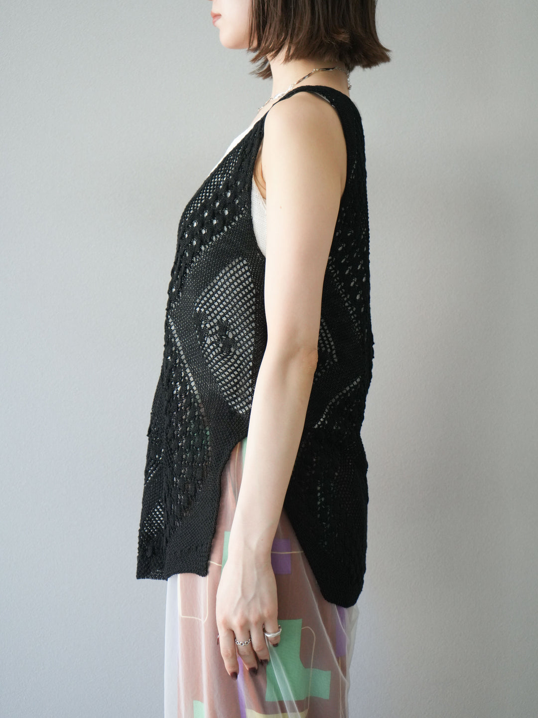 [予約]透かし編みレイヤードニットトップス/ブラック