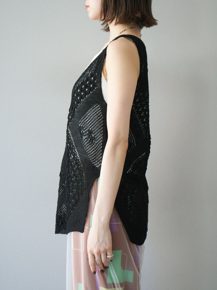 [予約]透かし編みレイヤードニットトップス/ブラック