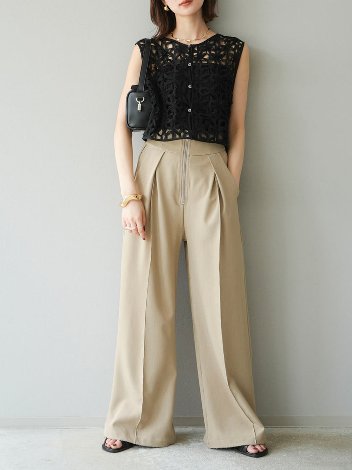 [SET]2WAYフラワーレーストップス+ジップタックワイドパンツ(2set)