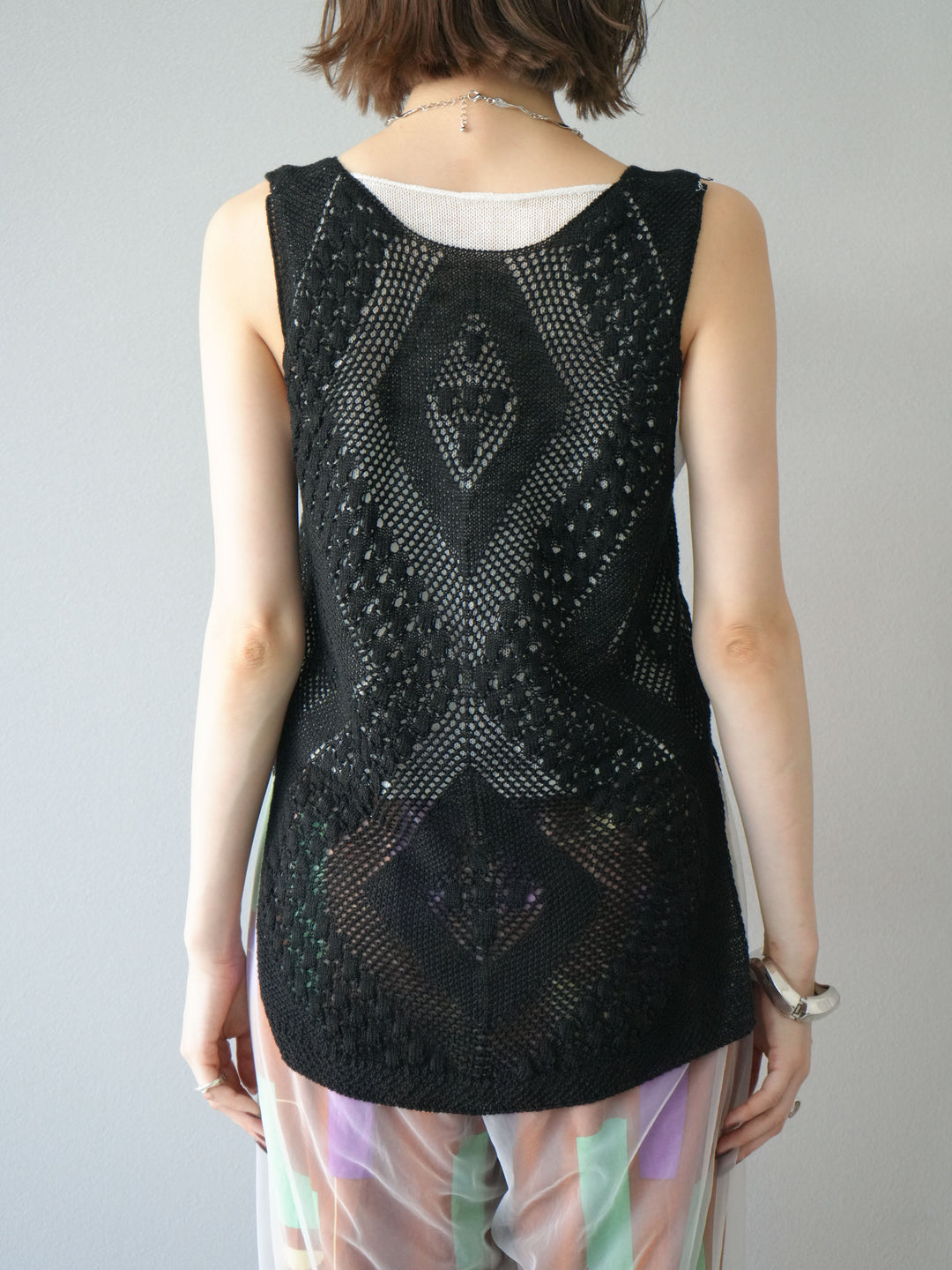 [予約]透かし編みレイヤードニットトップス/ブラック