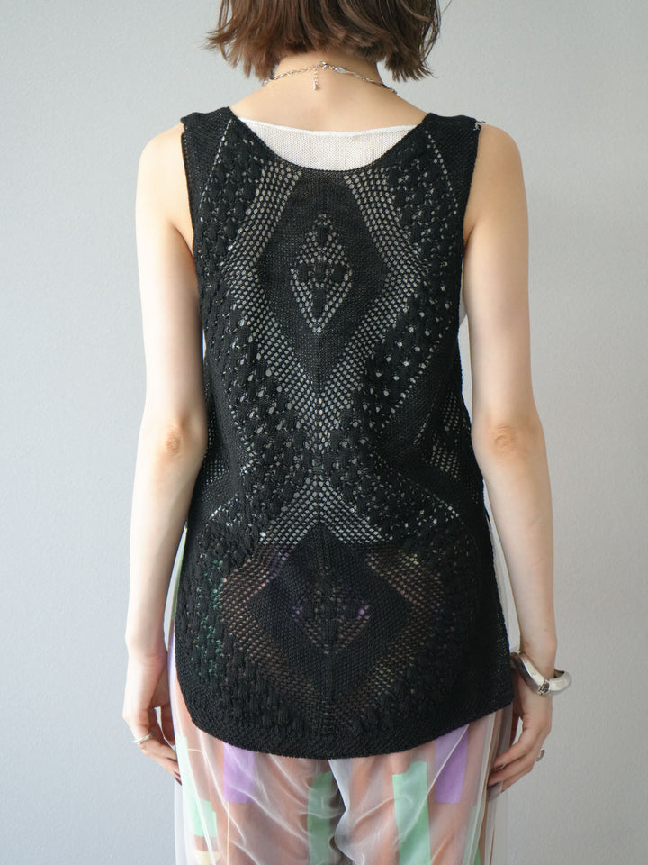 [予約]透かし編みレイヤードニットトップス/ブラック