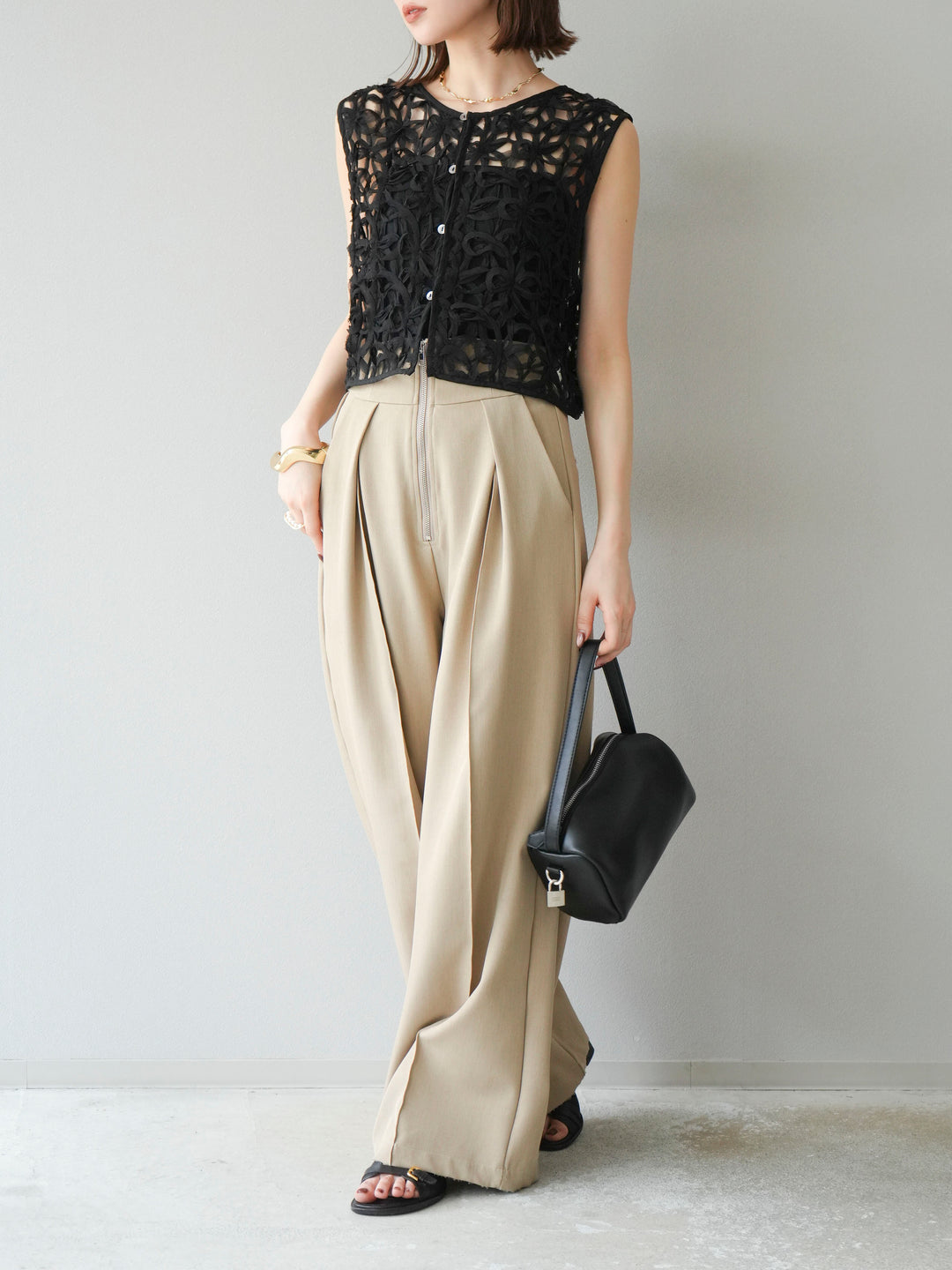 [SET]2WAYフラワーレーストップス+ジップタックワイドパンツ(2set)