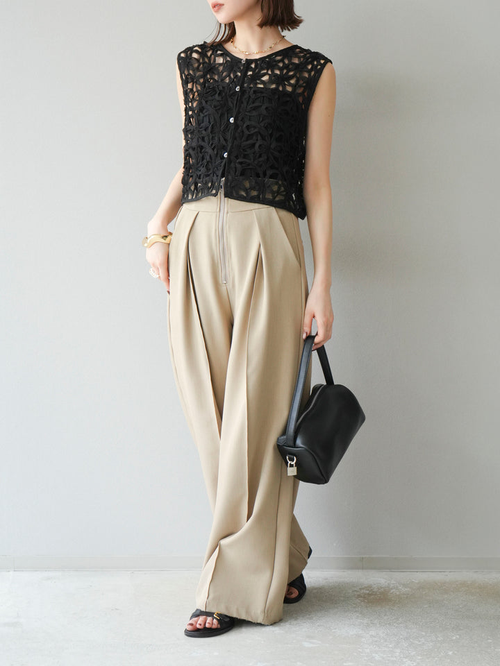 [SET]2WAYフラワーレーストップス+ジップタックワイドパンツ(2set)