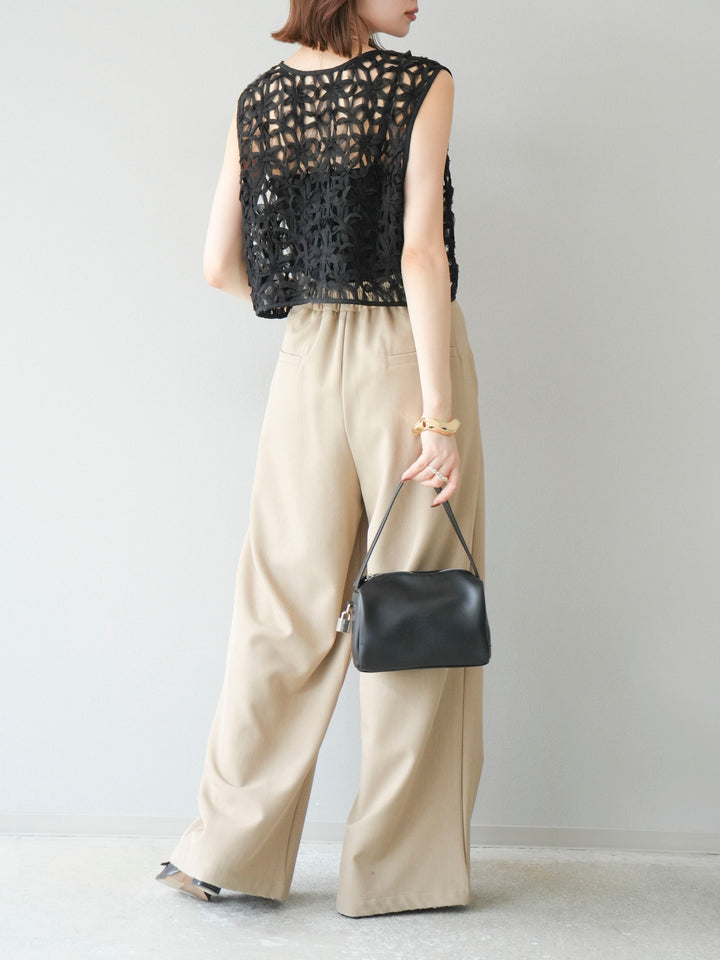 [SET]2WAYフラワーレーストップス+ジップタックワイドパンツ(2set)