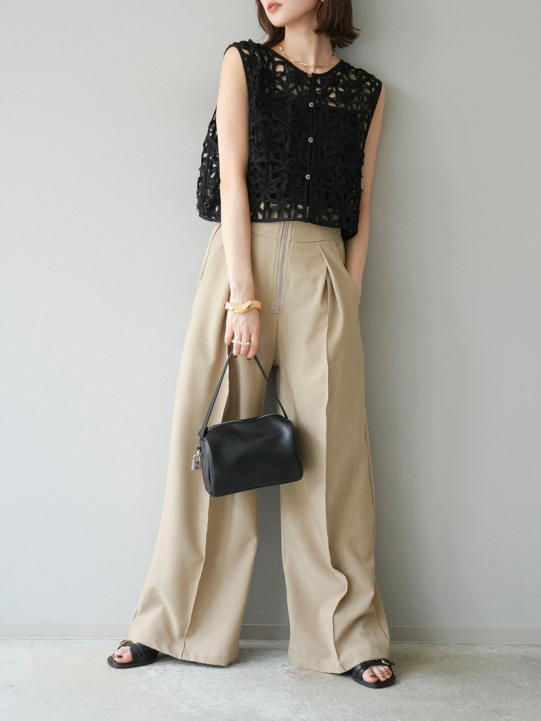 [SET]2WAYフラワーレーストップス+ジップタックワイドパンツ(2set)