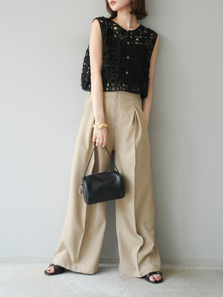 [SET]2WAYフラワーレーストップス+ジップタックワイドパンツ(2set)