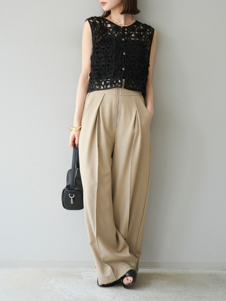 [SET]2WAYフラワーレーストップス+ジップタックワイドパンツ(2set)