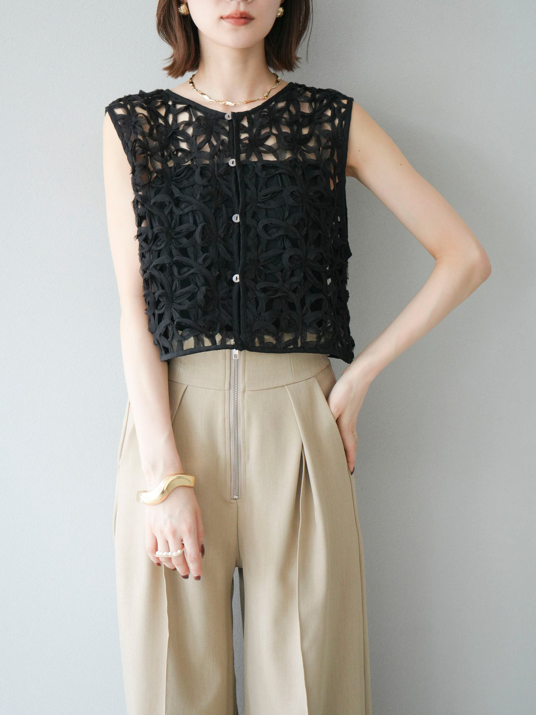 [SET]2WAYフラワーレーストップス+ジップタックワイドパンツ(2set)