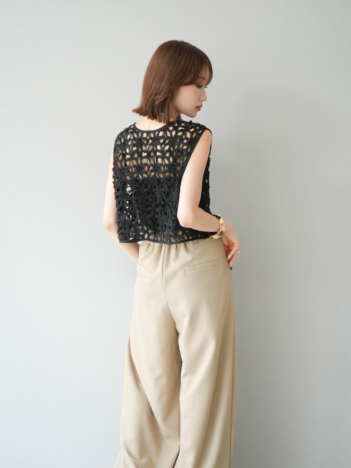 [SET]2WAYフラワーレーストップス+ジップタックワイドパンツ(2set)