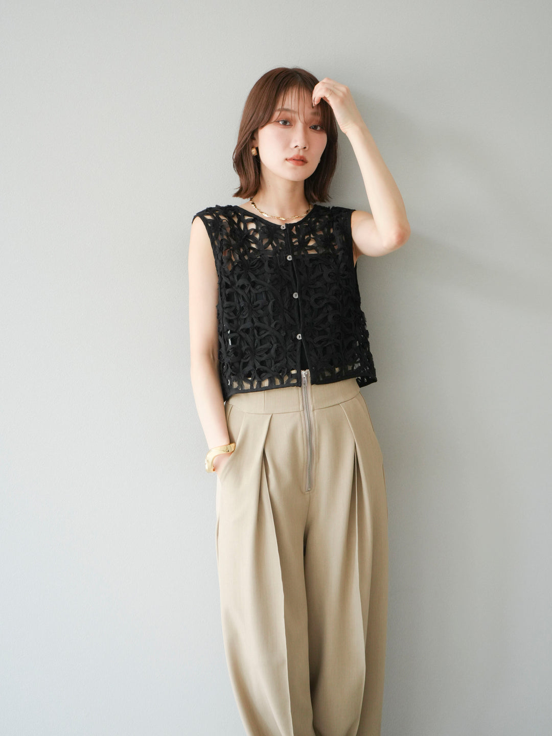 [SET]2WAYフラワーレーストップス+ジップタックワイドパンツ(2set)