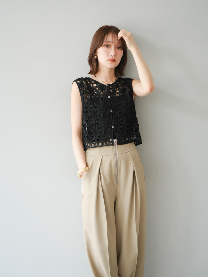 [SET]2WAYフラワーレーストップス+ジップタックワイドパンツ(2set)