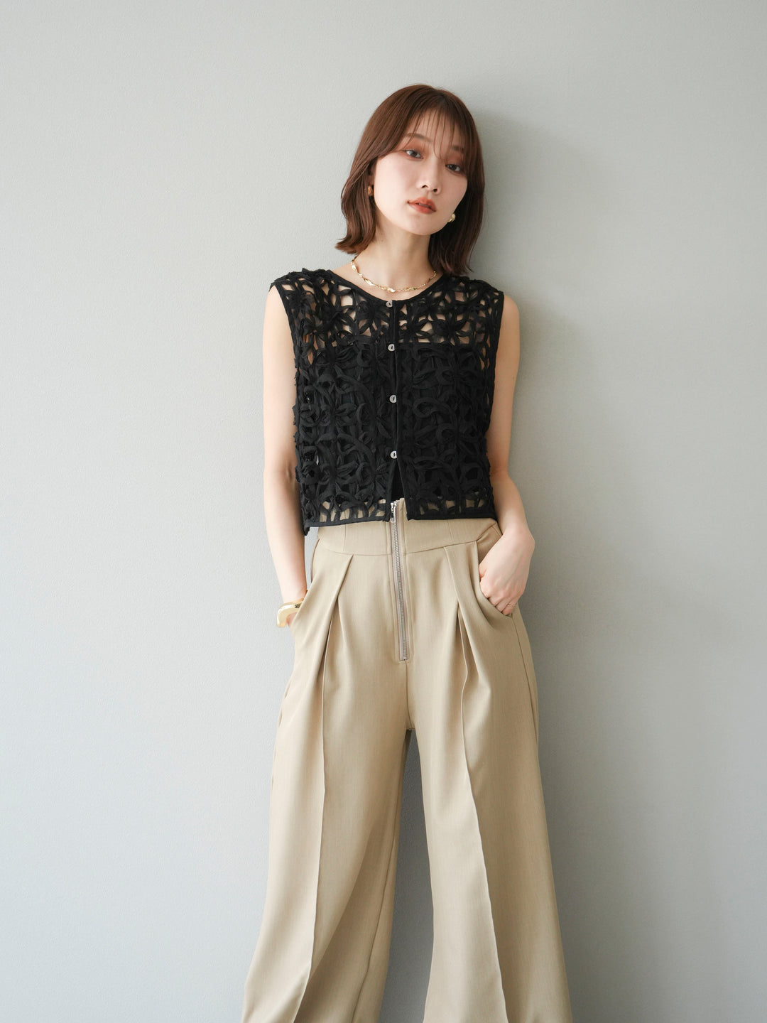 [SET]2WAYフラワーレーストップス+ジップタックワイドパンツ(2set)