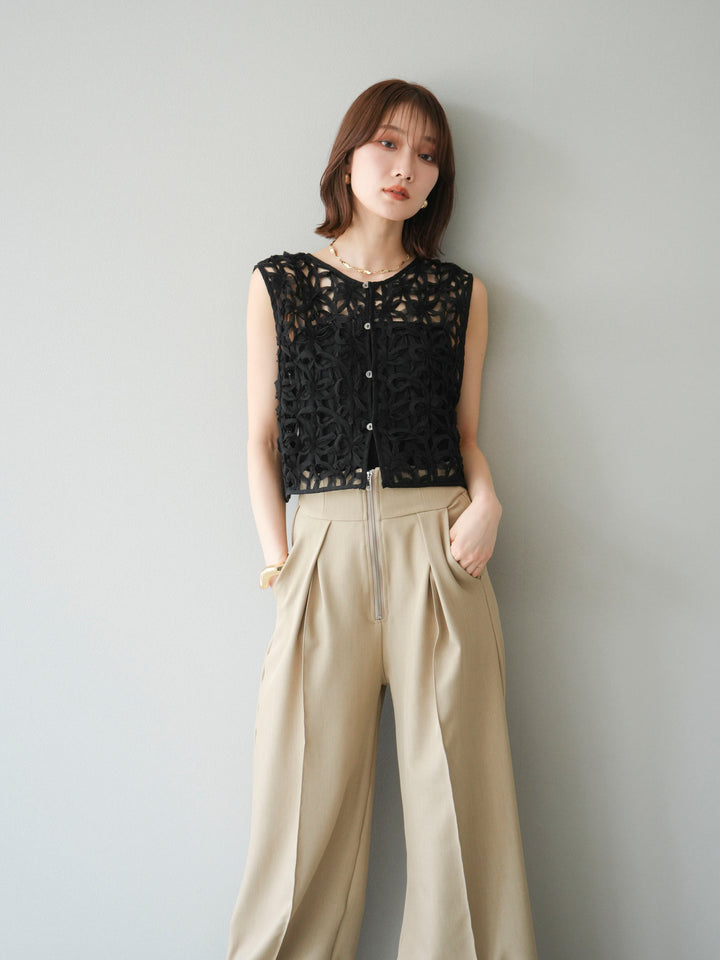 [SET]2WAYフラワーレーストップス+ジップタックワイドパンツ(2set)