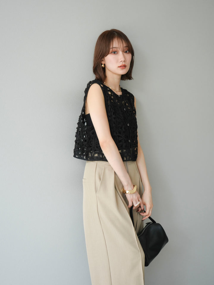 [SET]2WAYフラワーレーストップス+ジップタックワイドパンツ(2set)