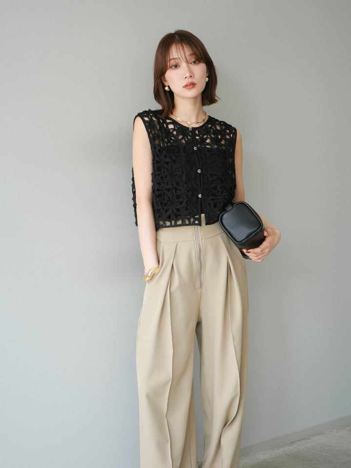 [SET]2WAYフラワーレーストップス+ジップタックワイドパンツ(2set)