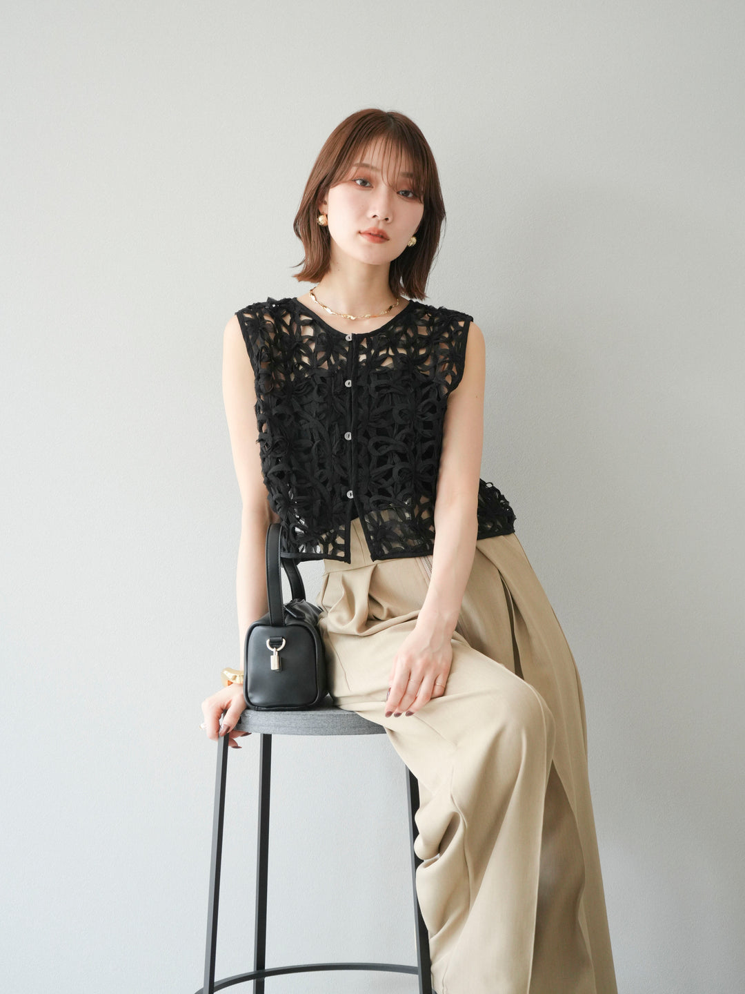 [SET]2WAYフラワーレーストップス+ジップタックワイドパンツ(2set)