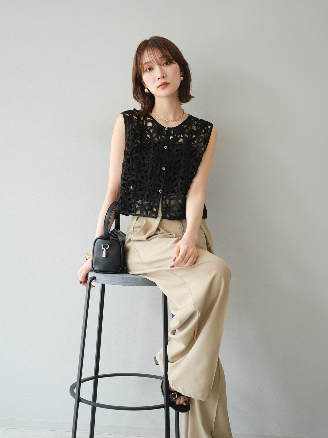 [SET]2WAYフラワーレーストップス+ジップタックワイドパンツ(2set)