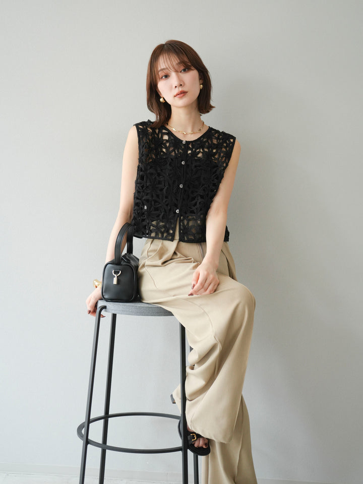 [SET]2WAYフラワーレーストップス+ジップタックワイドパンツ(2set)