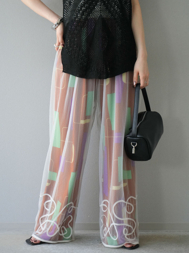 [予約]コード刺繍チュールレイヤードパンツ/オフ