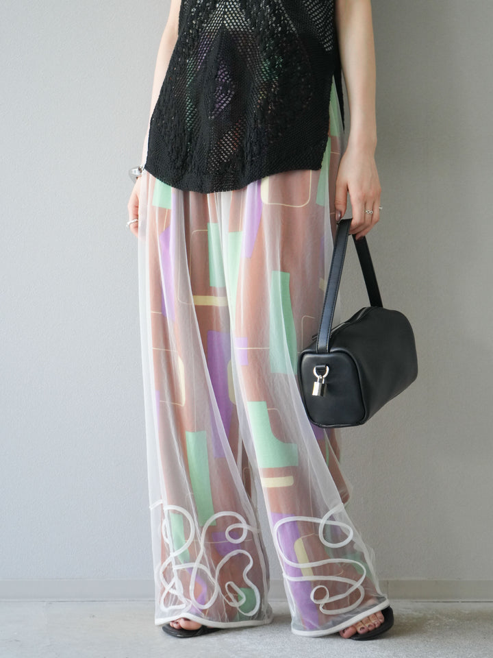 [予約]コード刺繍チュールレイヤードパンツ/オフ