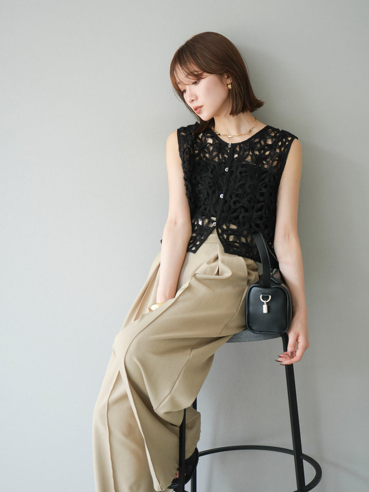 [SET]2WAYフラワーレーストップス+ジップタックワイドパンツ(2set)