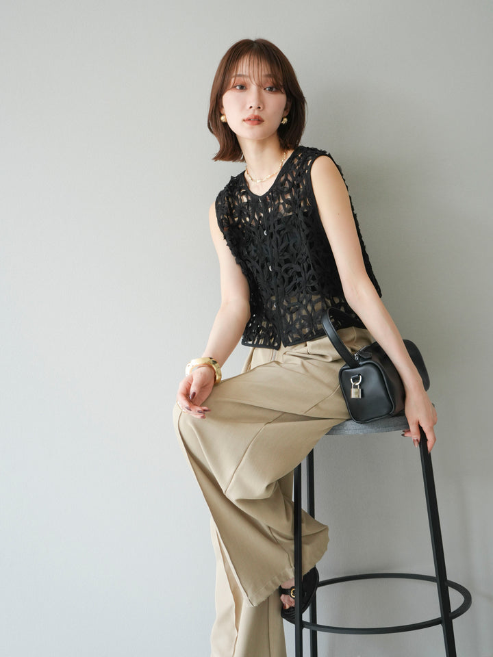 [SET]2WAYフラワーレーストップス+ジップタックワイドパンツ(2set)