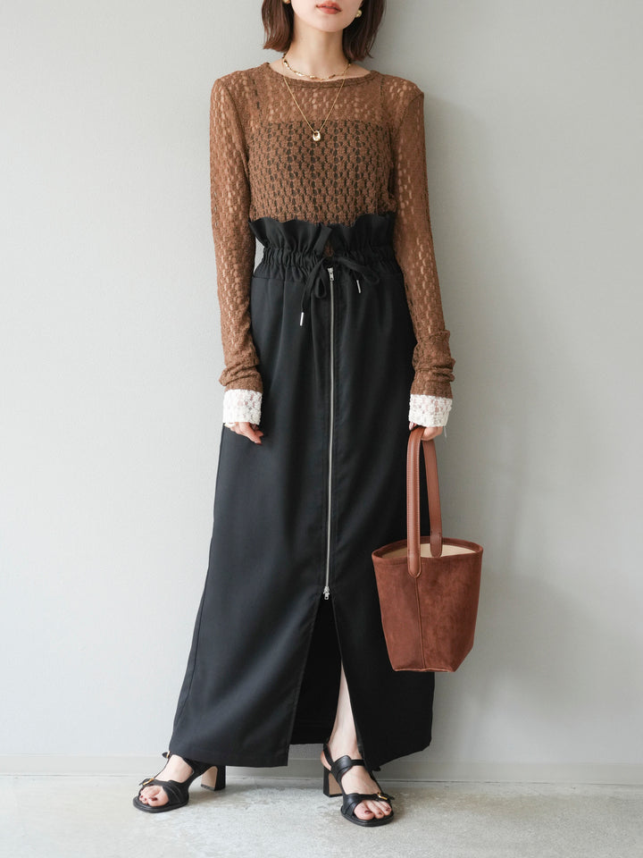 [予約]袖配色カットレーストップス/ブラウン