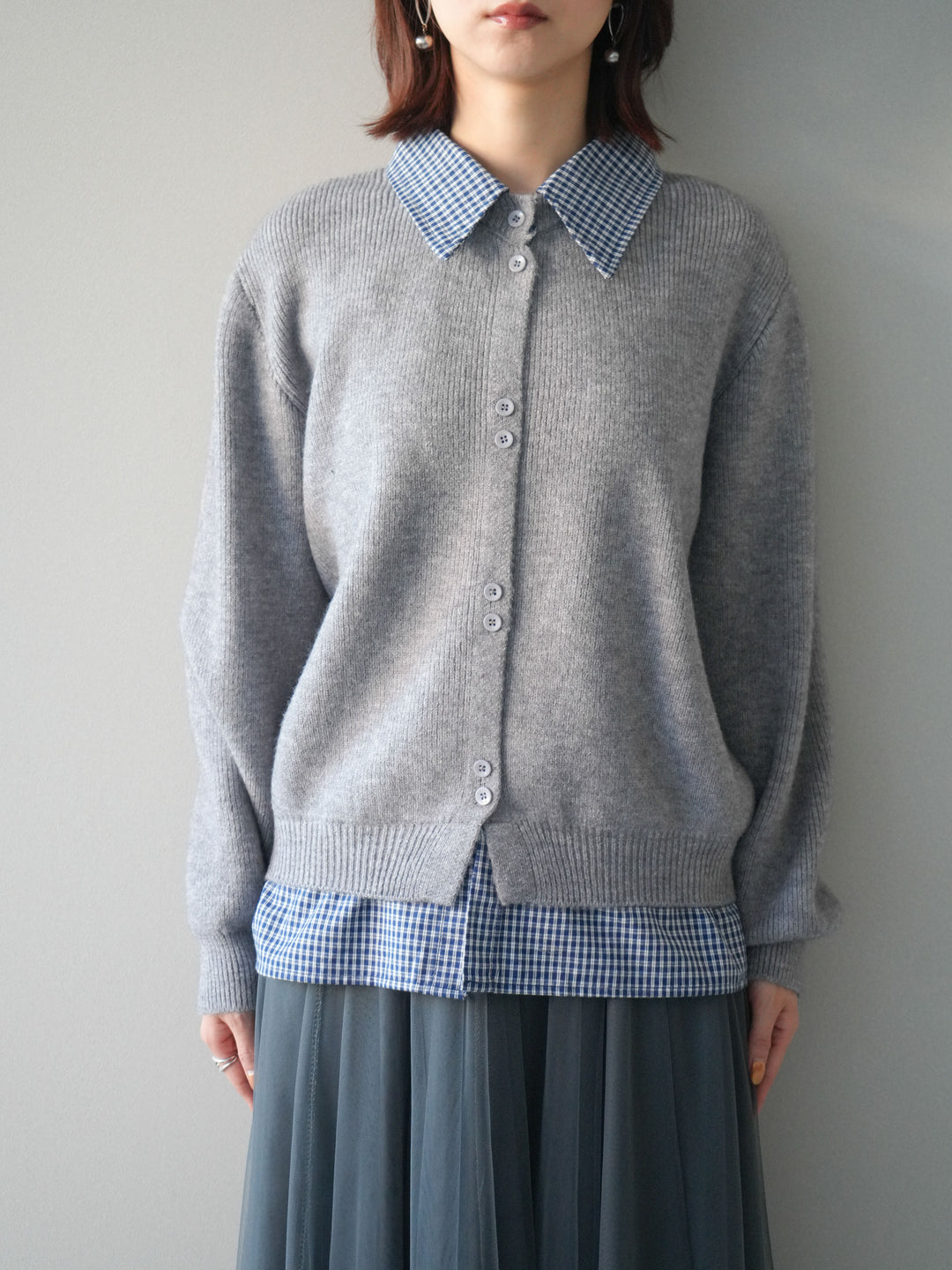 [予約]チェックシャツ襟ニットカーディガン/gray