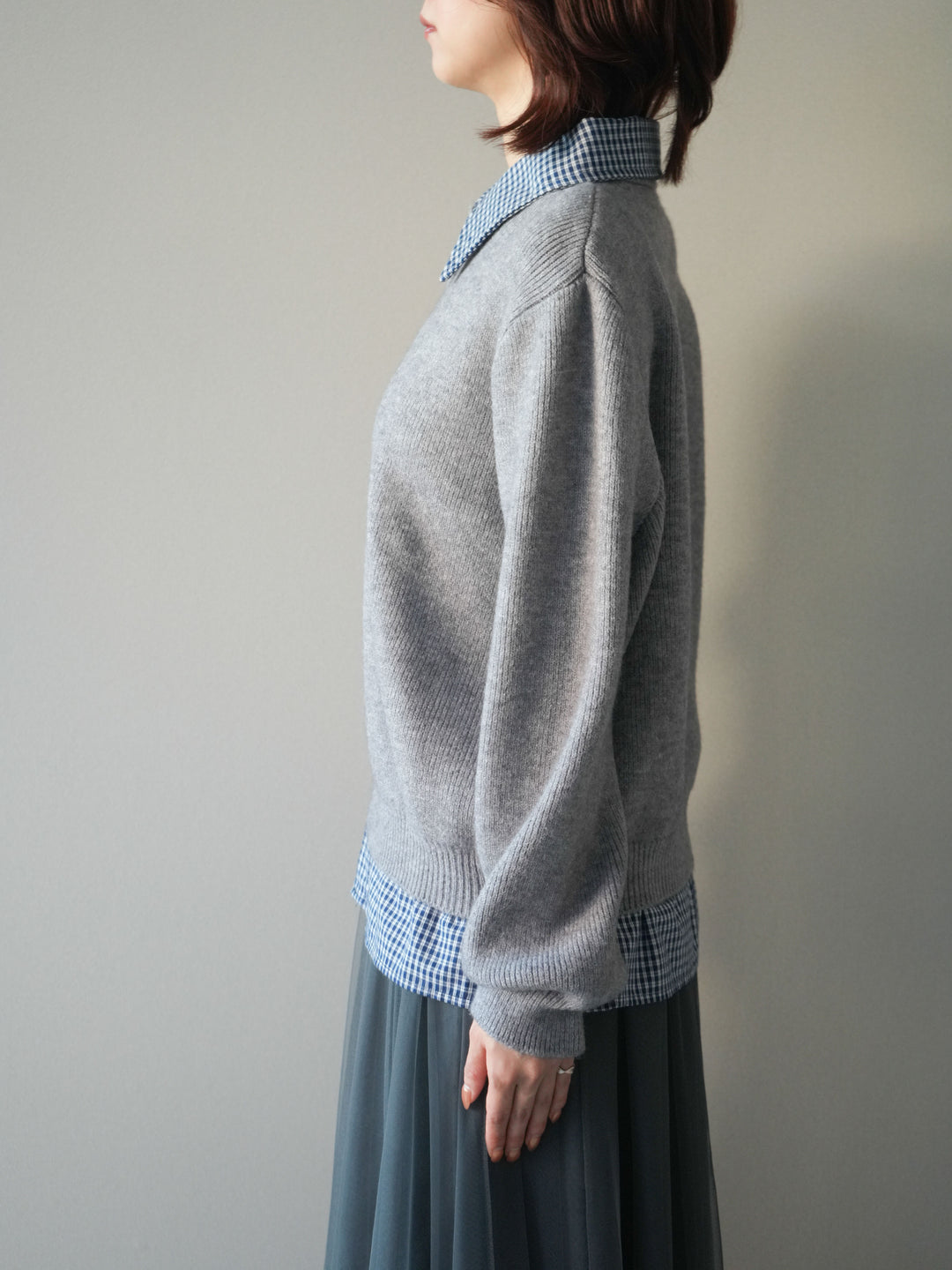 [予約]チェックシャツ襟ニットカーディガン/gray