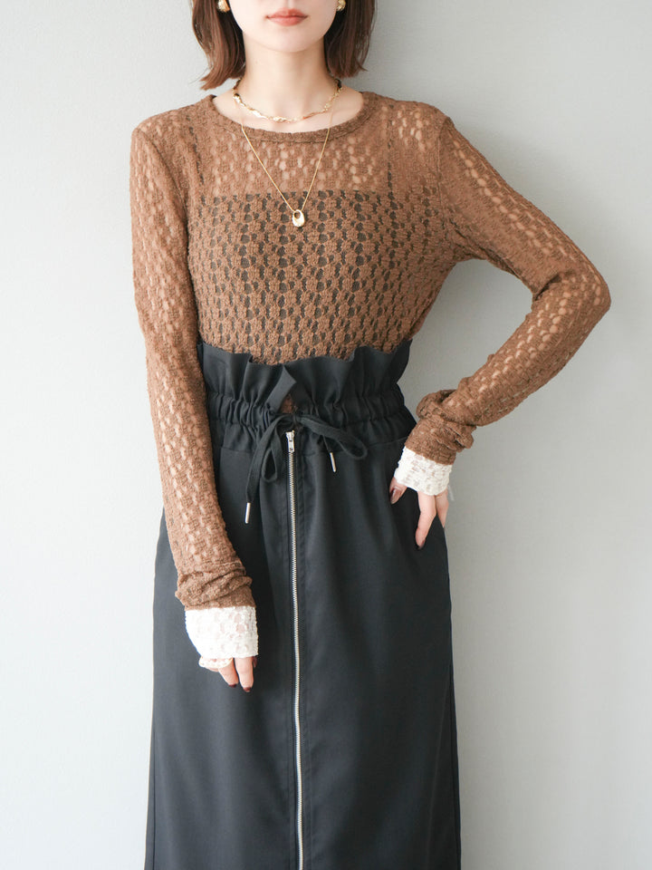 [予約]袖配色カットレーストップス/ブラウン