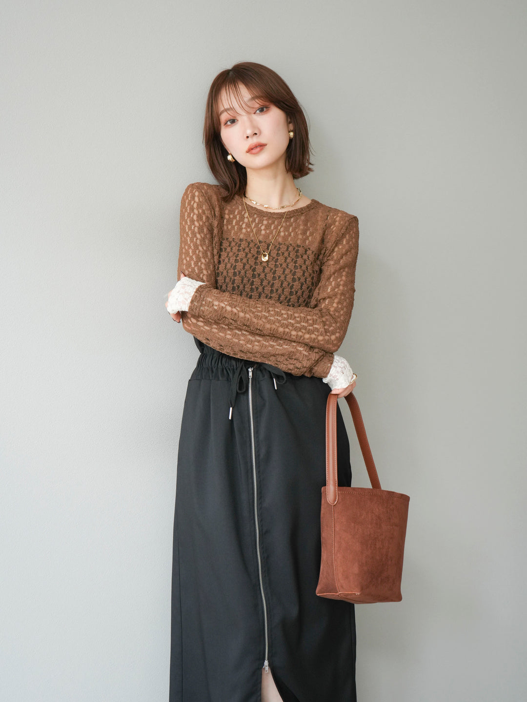 [予約]袖配色カットレーストップス/ブラウン