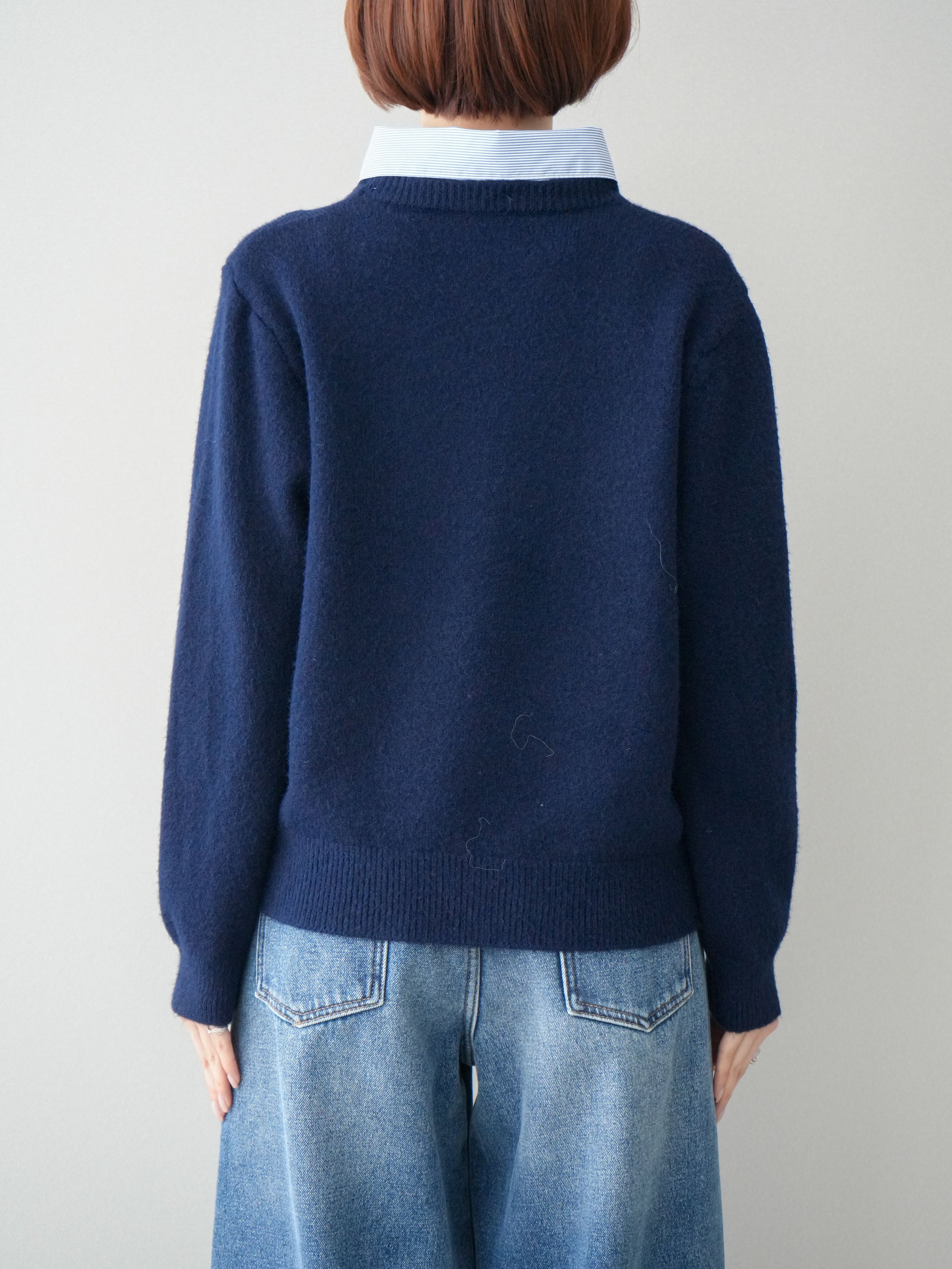 ショール襟カーデネイビー/M&Wジョガーデニム紺 L&パッチトレーナー紺M 予約]2WAY襟ニットプルオーバー/navy – Lumier