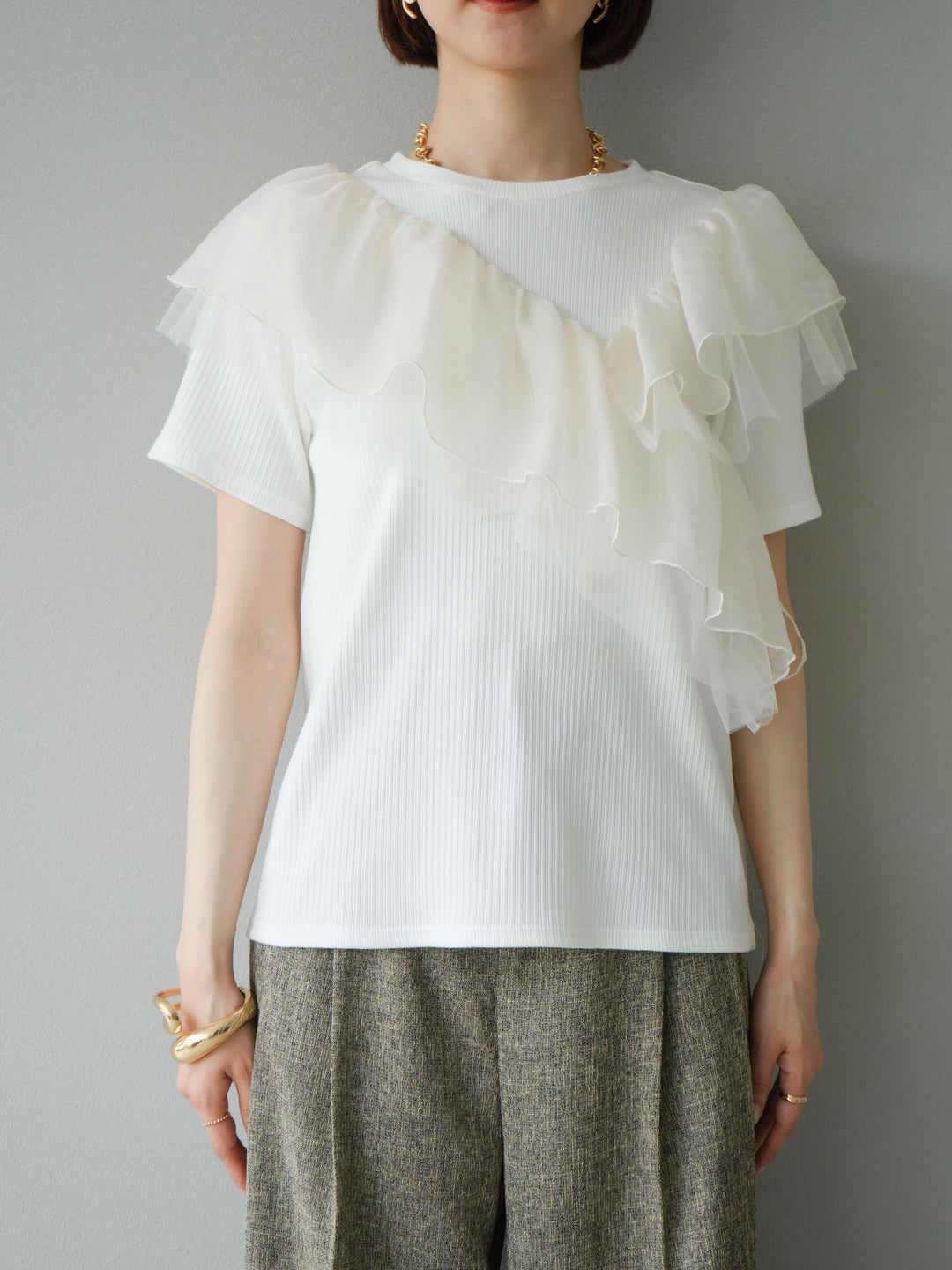 [予約]アシメフリルドッキングカットソー/オフホワイト
