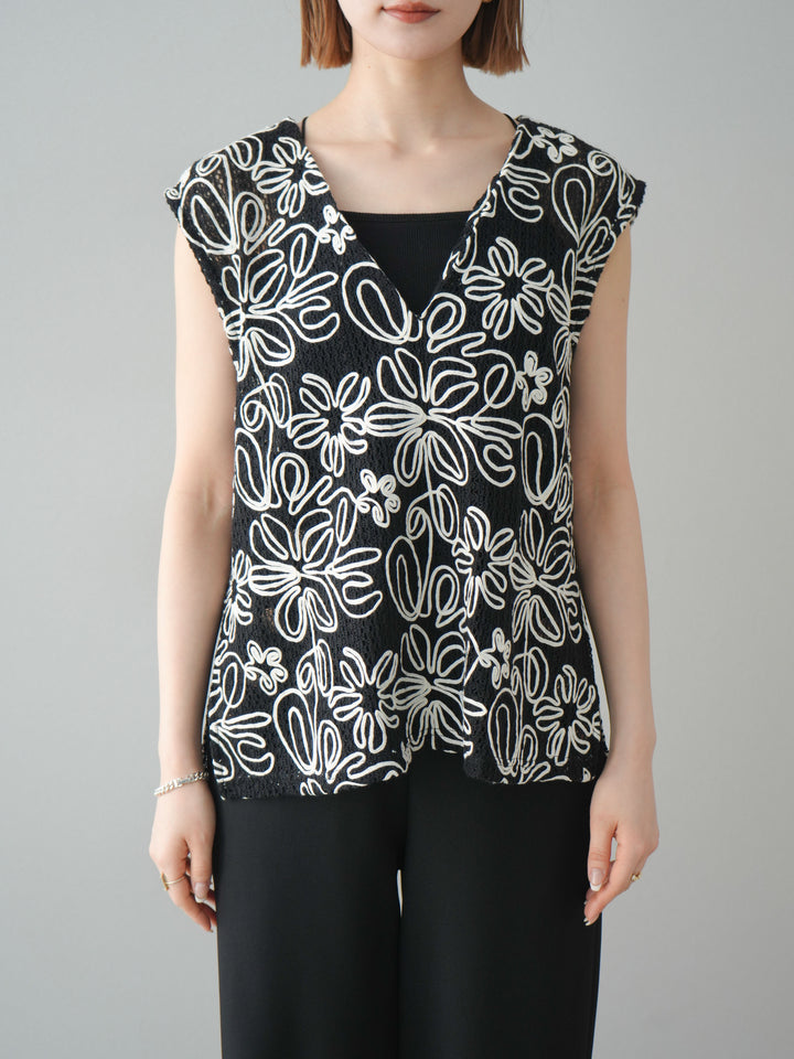 [予約]メッシュコード刺繍ベスト/ブラック