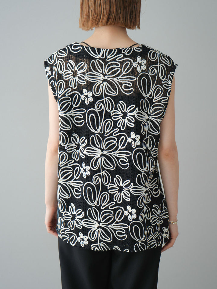 [予約]メッシュコード刺繍ベスト/ブラック