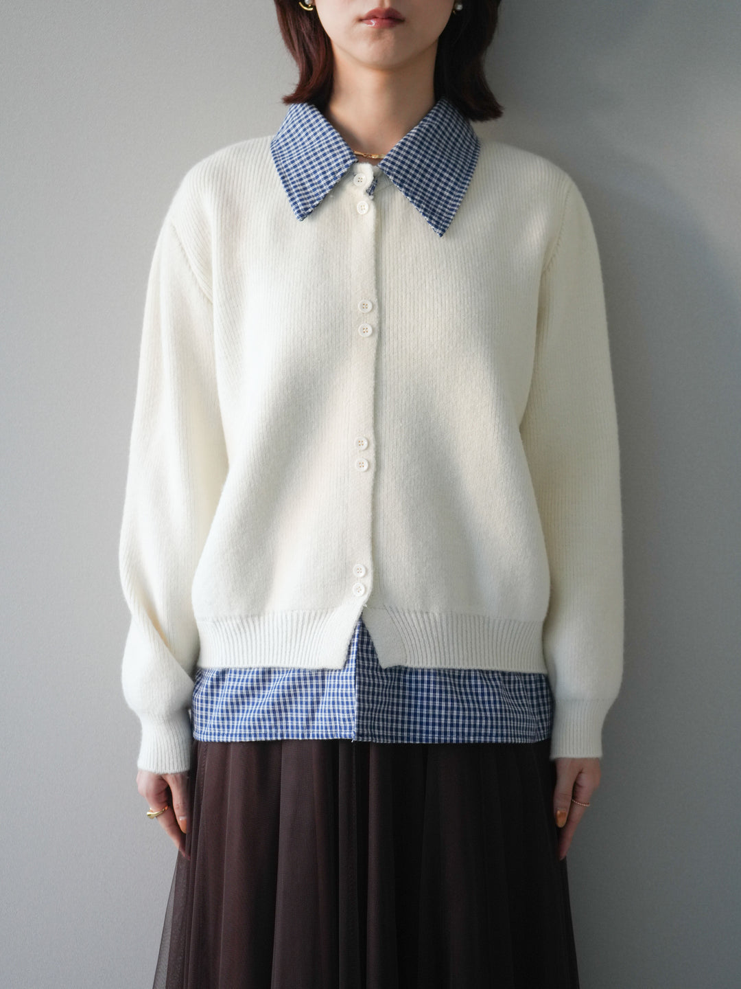 [予約]チェックシャツ襟ニットカーディガン/beige