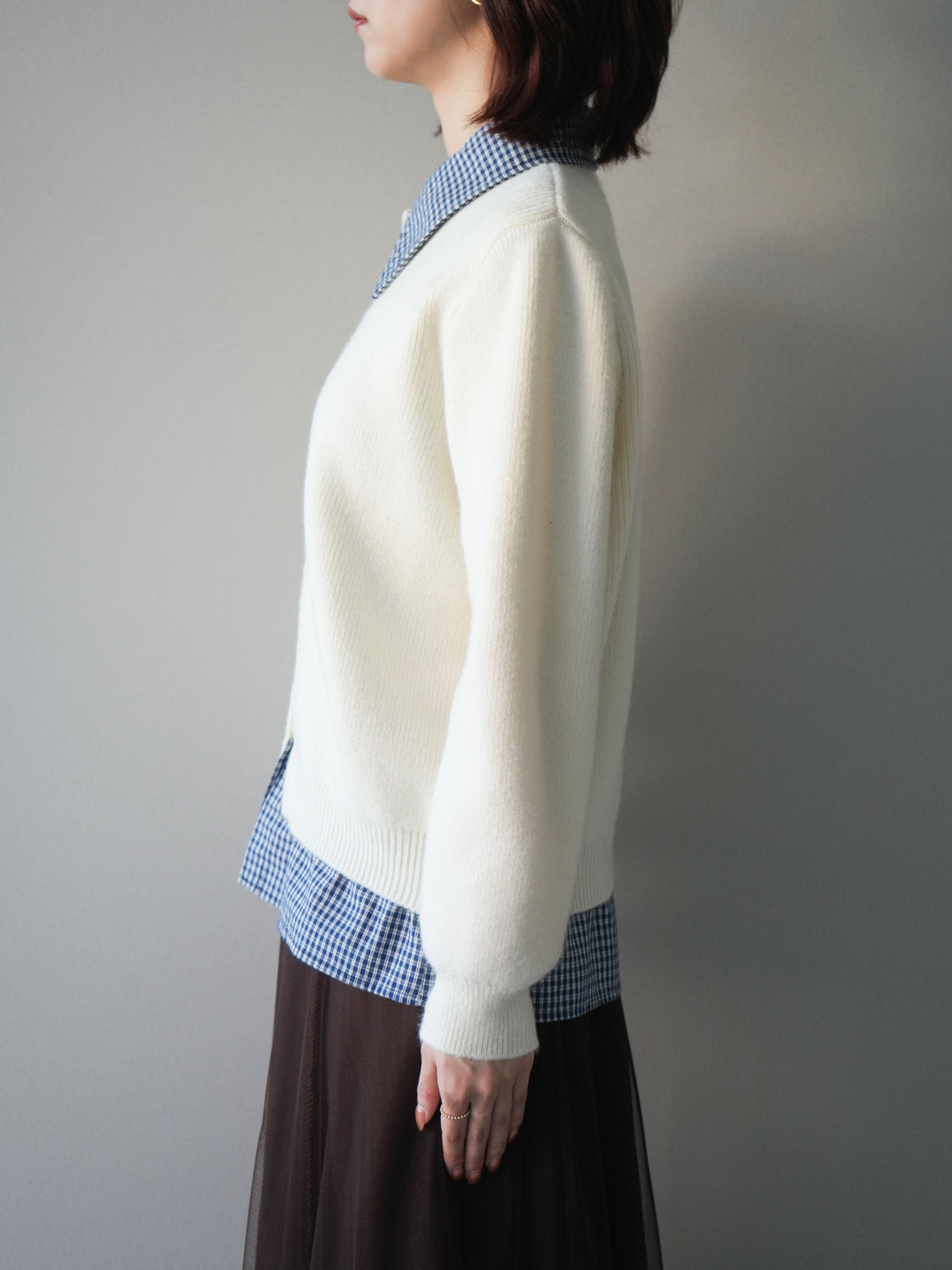 [予約]チェックシャツ襟ニットカーディガン/beige