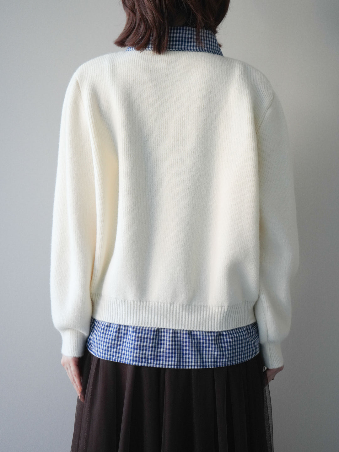[予約]チェックシャツ襟ニットカーディガン/beige