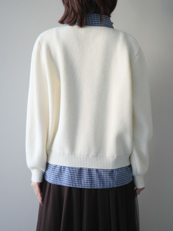 [予約]チェックシャツ襟ニットカーディガン/beige