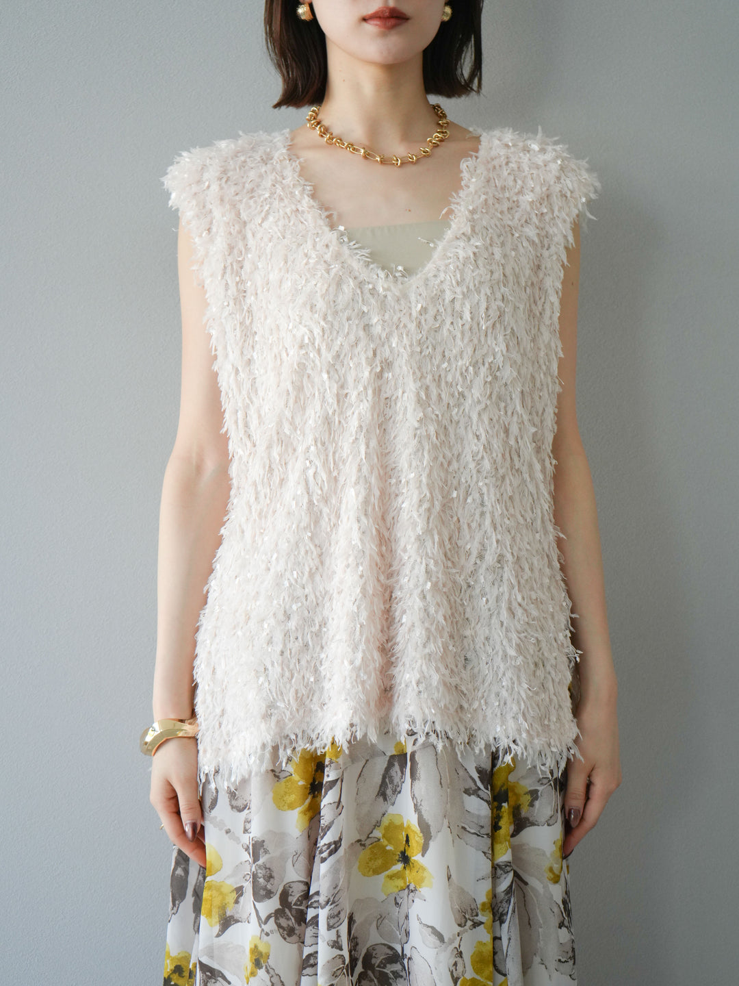 【預訂】流蘇V領背心/象牙色