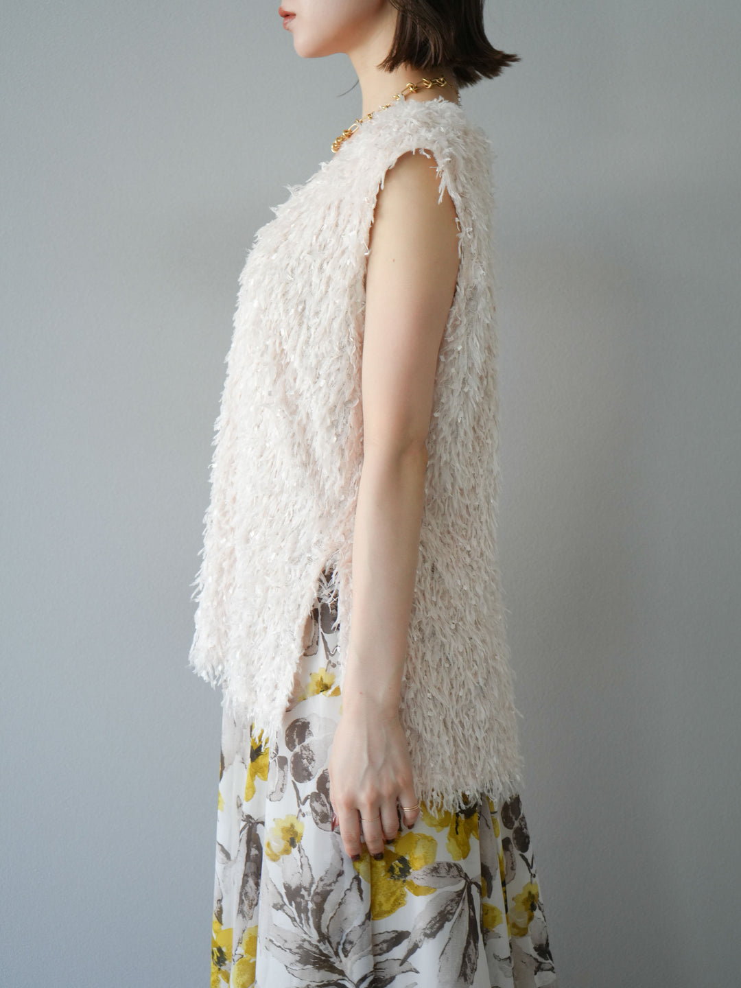 【預訂】流蘇V領背心/象牙色