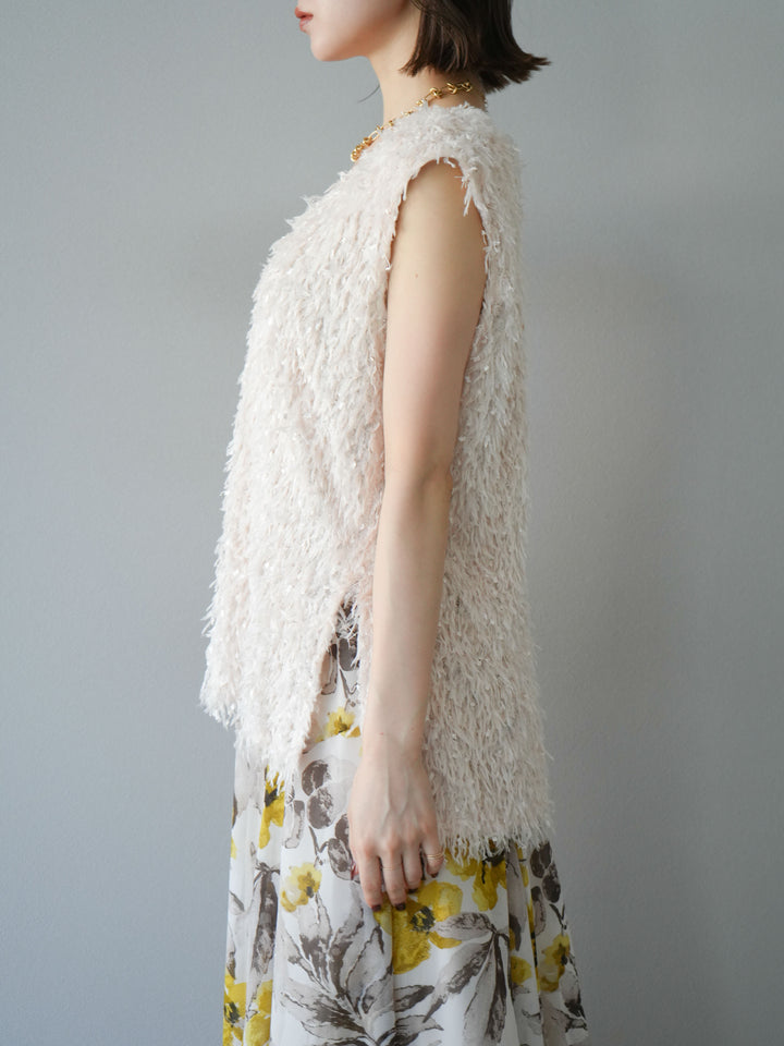 【預訂】流蘇V領背心/象牙色