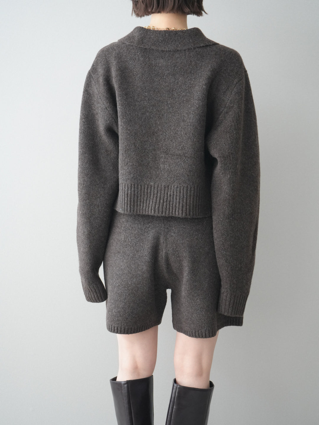 [予約]メランジニット襟付きクロップドカーディガン/brown