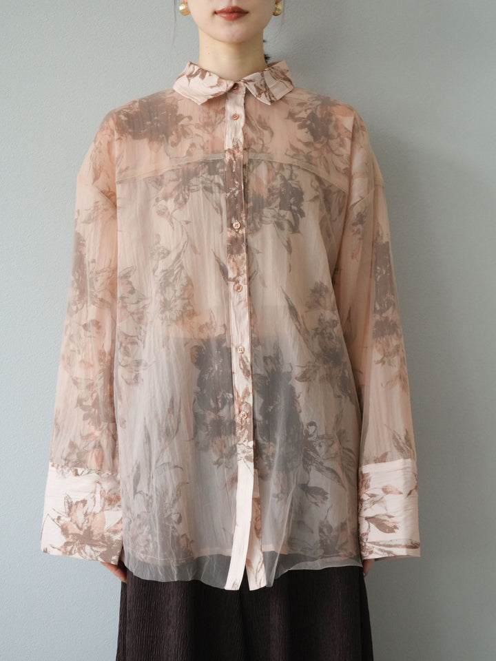 [予約]チュールドッキングフラワー柄オーバーサイズシャツ/ブラウン