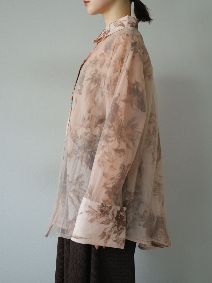 [予約]チュールドッキングフラワー柄オーバーサイズシャツ/ブラウン