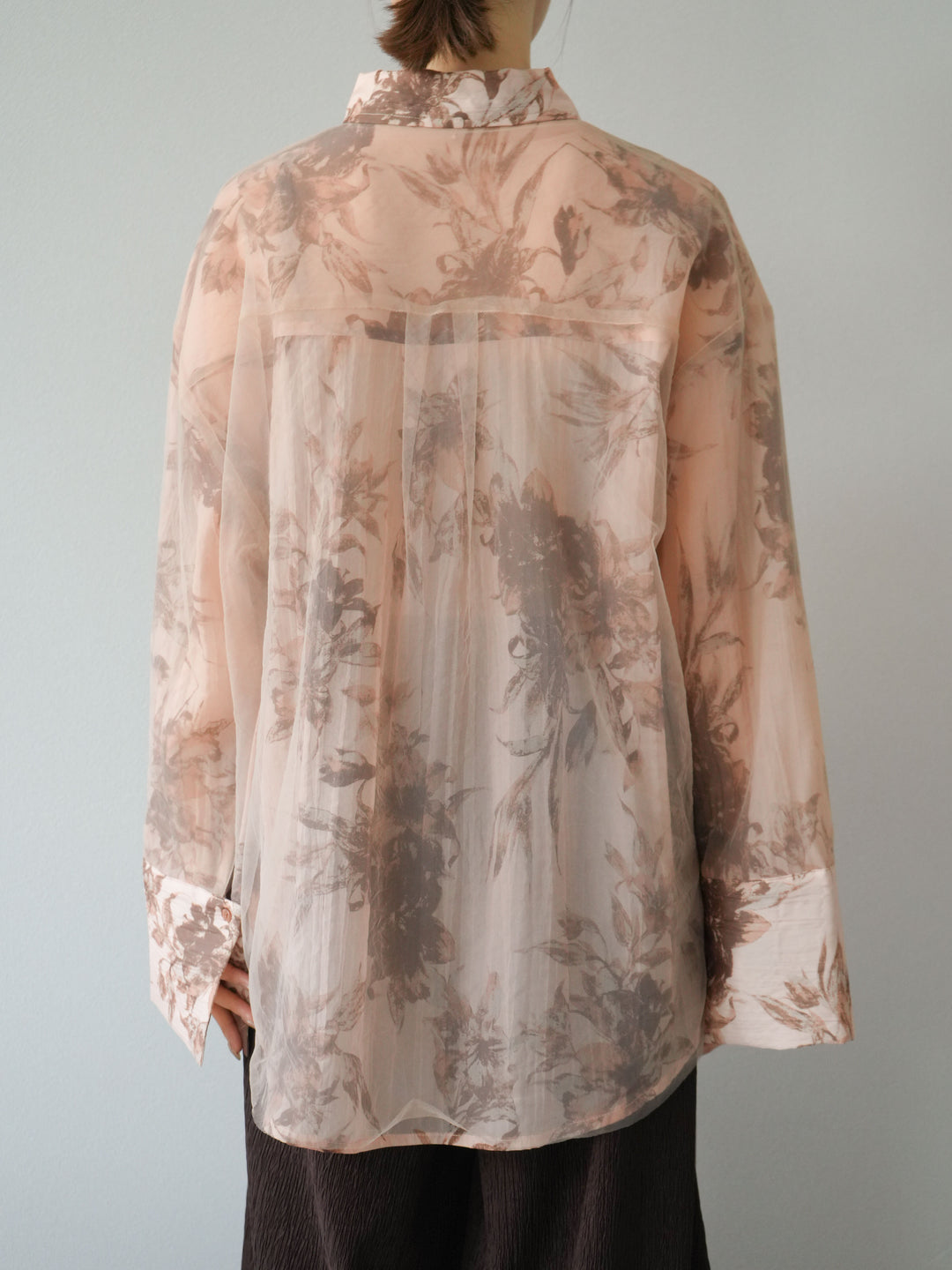[予約]チュールドッキングフラワー柄オーバーサイズシャツ/ブラウン